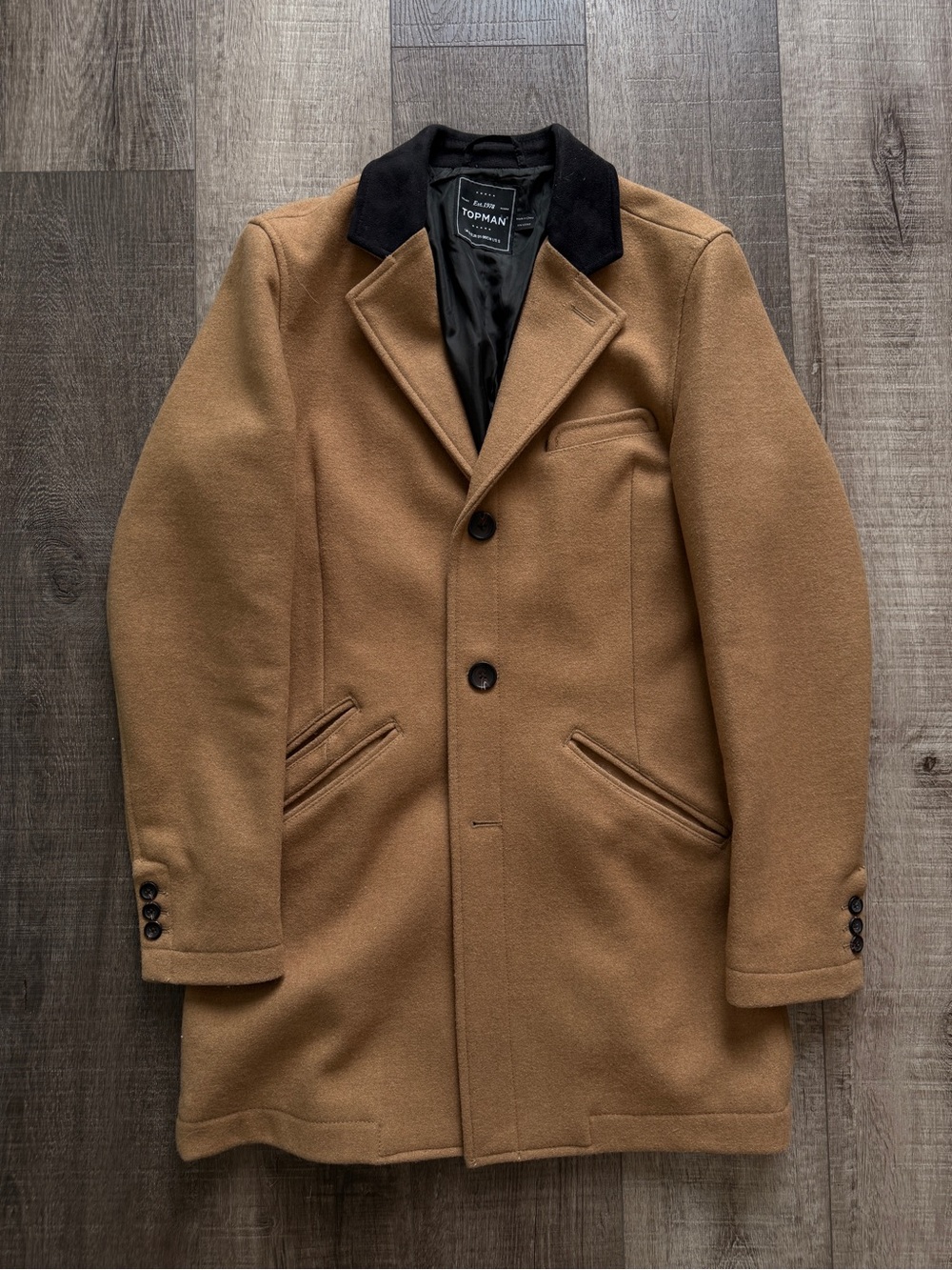 Topman Camel Pea Coat with Black Contrast Collar